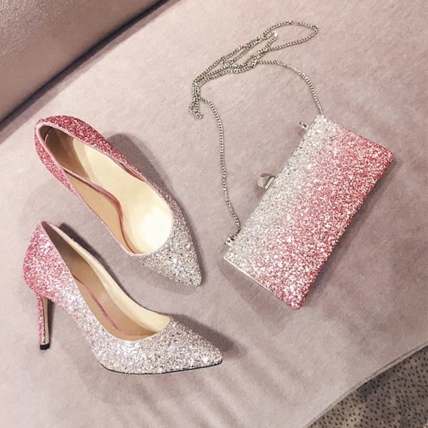 Scintillantes Dégradé de couleur Rougissant Rose Promo Escarpins 2018 Paillettes Cuir 8 cm Talons Aiguilles Escarpins