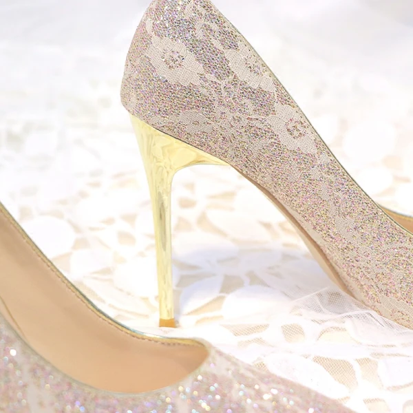 Scintillantes Doré Chaussure De Mariée 2018 Paillettes 10 cm Talons Aiguilles À Bout Pointu Mariage Escarpins