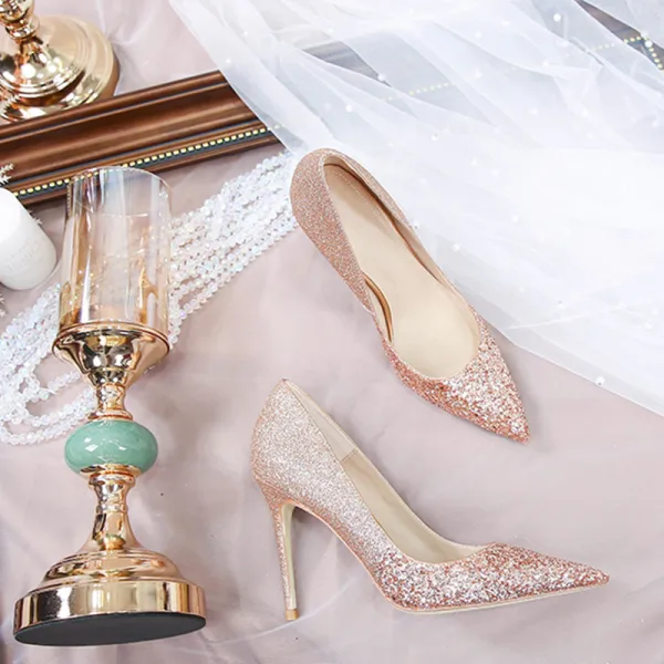 Glittrande Champagne Paljetter Brudskor 2021 Läder 10 cm Stilettklackar Spetsiga Bröllop Pumps Högklackade