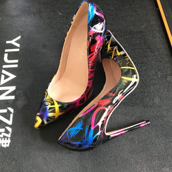 Amazing / Unique Black Doodle Rave Club Pumps 2020 Patent Leather 12 cm Stiletto Heels Pointed Toe Pumps