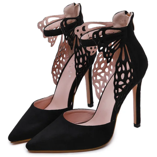 Hermoso Negro Noche Sandalias De Mujer 2020 mariposa Correa Del Tobillo 11 cm Stilettos / Tacones De Aguja Punta Estrecha High Heels