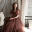 Vintage / Retro Brown Spotted Prom Dresses 2021 A-Line / Princess Square Neckline Bell sleeves Backless Floor-Length / Long Formal Dresses
