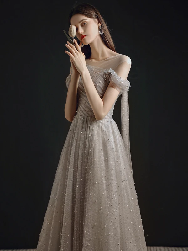 Chic / Beautiful Grey Pearl Prom Dresses 2021 A-Line / Princess Scoop Neck Short Sleeve Backless Floor-Length / Long Formal Dresses