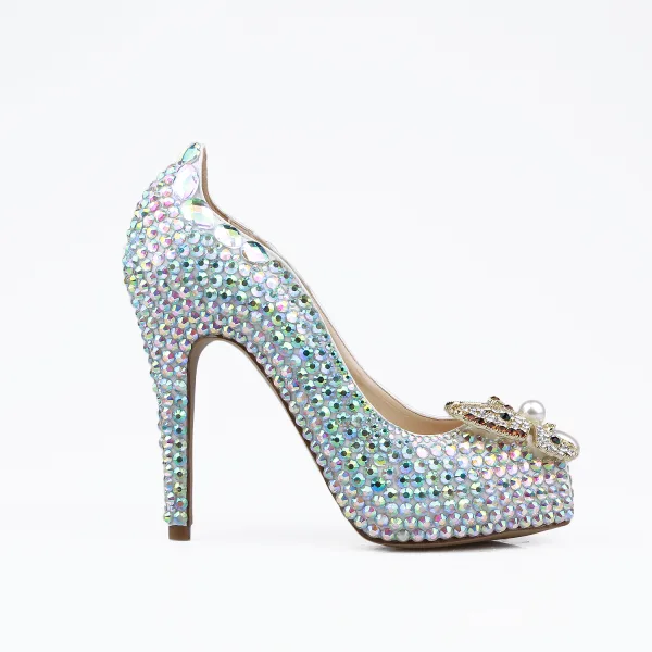 Błyszczące Multi-Kolory Rhinestone Buty Ślubne 2020 Skórzany Perła 12 cm Szpilki Peep Toe Ślub Czółenka