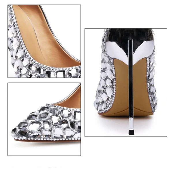 Uroczy Srebrny Buty Ślubne 2020 Skórzany Rhinestone 12 cm Szpilki Szpiczaste Ślub Czółenka