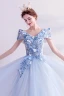 Fairytale Sky Blue Prom Dresses 2020 A-Line / Princess V-Neck Appliques Pearl Lace Flower Short Sleeve Backless Floor-Length / Long Formal Dresses