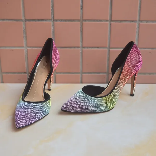 Charmant Multi-Couleurs Soirée Arc en ciel Escarpins 2020 Cuir Faux Diamant 9 cm Talons Aiguilles À Bout Pointu Escarpins