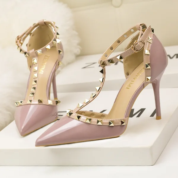 Fashion Red Evening Party Rivet Womens Sandals 2020 T-Strap 9 cm Stiletto Heels Pointed Toe Sandals