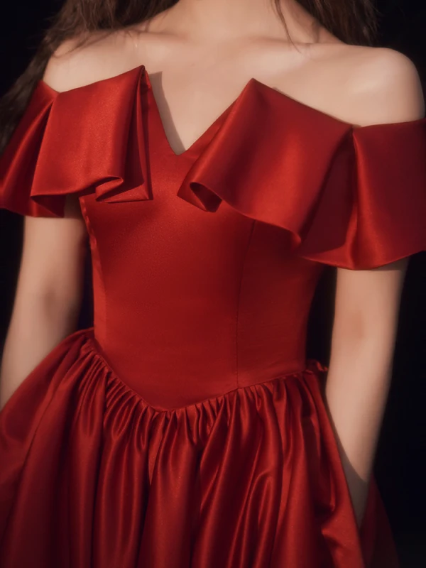 Chic / Belle Bordeaux Satin Robe De Bal 2021 Princesse De l'épaule Manches Courtes Dos Nu Longue Robe De Ceremonie