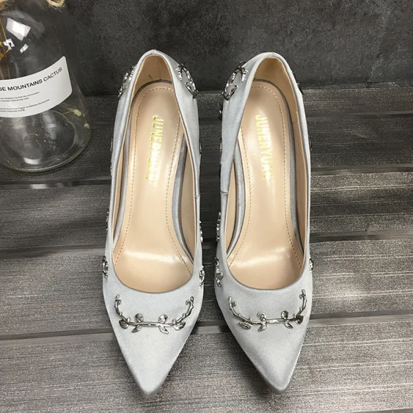 Schöne Champagner Freizeit Pumps 2020 Leder Satin 9 cm Stilettos Spitzschuh Pumps