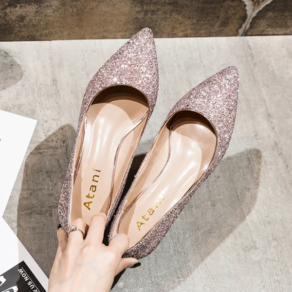 Charmant Argenté Chaussure De Mariée 2020 Paillettes À Bout Pointu Plate Mariage Escarpins