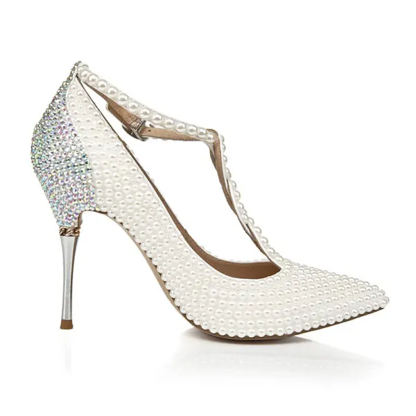 Charmant Ivory / Creme Perle Brautschuhe 2020 Leder Strass T-Riemen 10 cm Stilettos Spitzschuh Pumps
