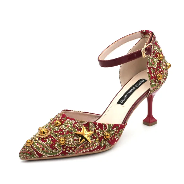 Traditional Fancy Red Evening Party Womens Shoes 2020 Rivet Rhinestone 7 cm Stiletto Heels Pointed Toe High Heels