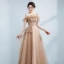 Edles Champagner Ballkleider 2021 A Linie Rüschen Off Shoulder Perlenstickerei Strass Ärmellos Rückenfreies Lange Festliche Kleider