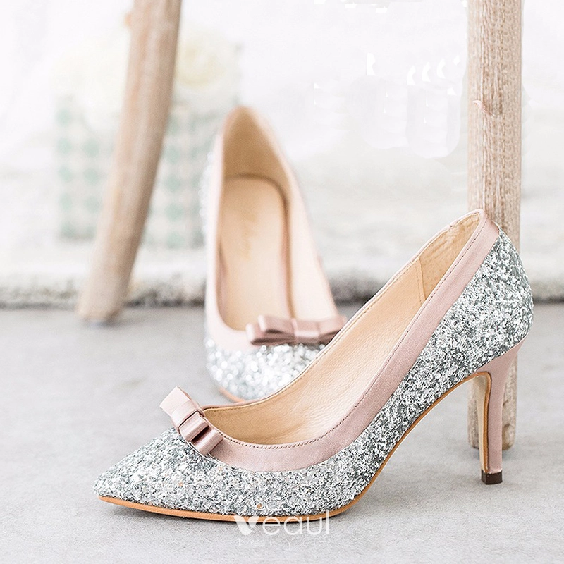 Sparkly Silver Wedding Shoes 2018 Leather Sequins Bow 8 cm Stiletto ...