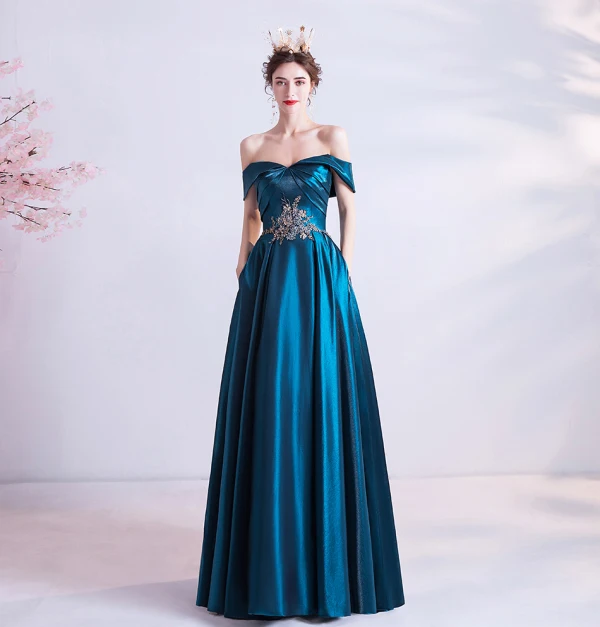 Vintage / Originale Bleu D'encre Robe De Soirée 2020 Princesse De l'épaule Perlage Perle En Dentelle Fleur Manches Courtes Dos Nu Longue Robe De Ceremonie