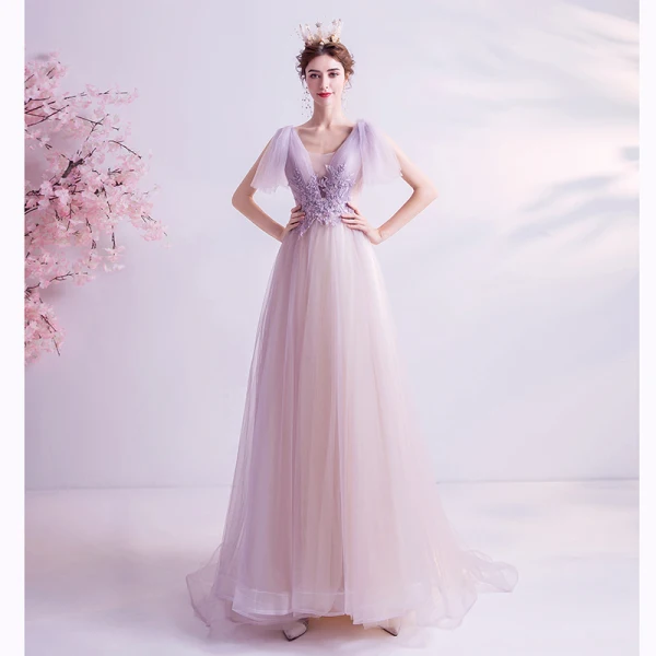 Elegant Purple Evening Dresses 2020 A-Line / Princess V-Neck Backless Pearl Crystal Sequins Lace Flower Short Sleeve Floor-Length / Long Formal Dresses