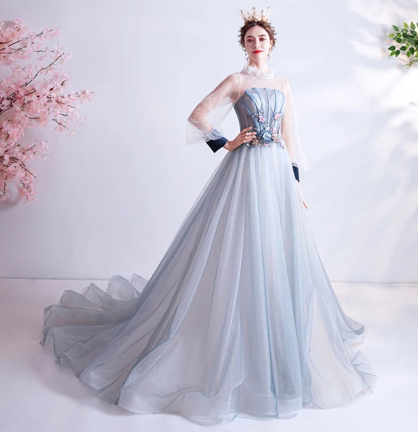 Vintage / Retro Flower Fairy Sky Blue Prom Dresses 2020 A-Line / Princess Ruffle High Neck Pearl Rhinestone Sequins Flower Lace Long Sleeve Backless Court Train Formal Dresses