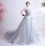 Vintage / Retro Flower Fairy Sky Blue Prom Dresses 2020 A-Line / Princess Ruffle High Neck Pearl Rhinestone Sequins Flower Lace Long Sleeve Backless Court Train Formal Dresses