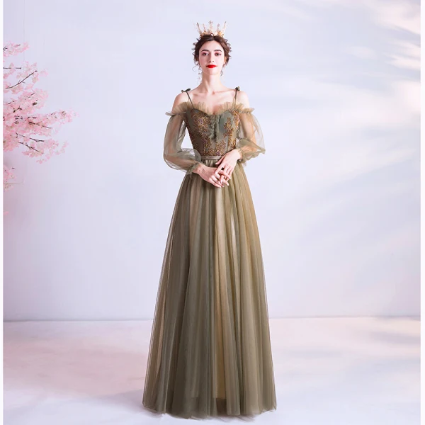 Vintage / Retro Clover Green Prom Dresses 2020 A-Line / Princess Spaghetti Straps Beading 3/4 Sleeve Backless Floor-Length / Long Formal Dresses