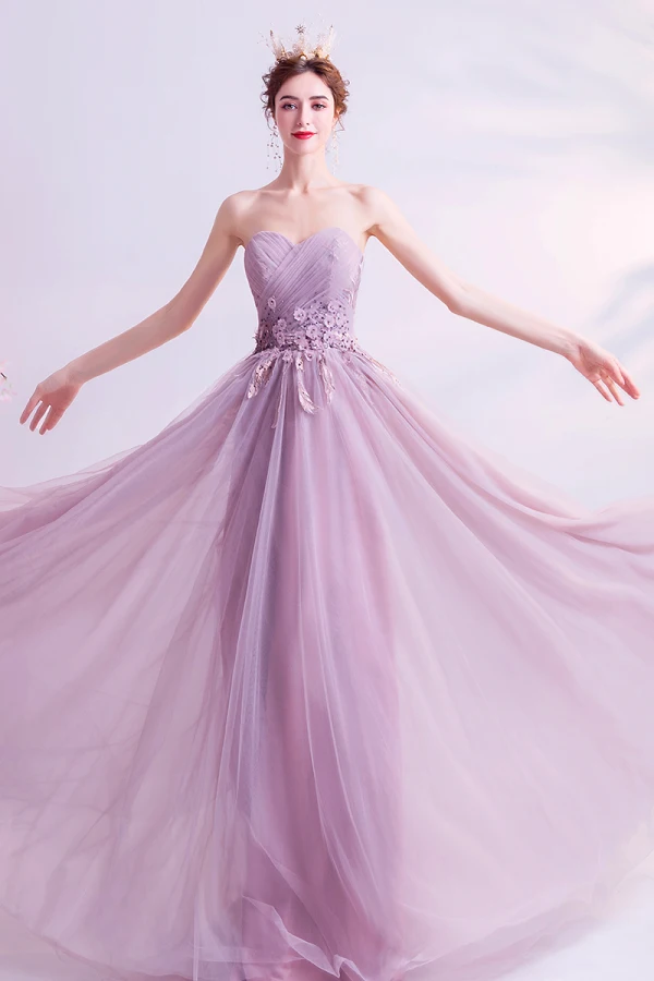 Charmant Lilas Robe De Soirée 2020 Princesse Bustier Perlage Paillettes Cristal Appliques En Dentelle Fleur Sans Manches Dos Nu Longue Robe De Ceremonie