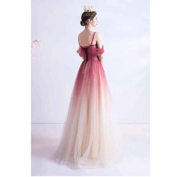 Charmant Rouge Dégradé De Couleur Robe De Soirée 2020 Princesse Bretelles Spaghetti Glitter Étoile Manches Courtes Dos Nu Longue Robe De Ceremonie