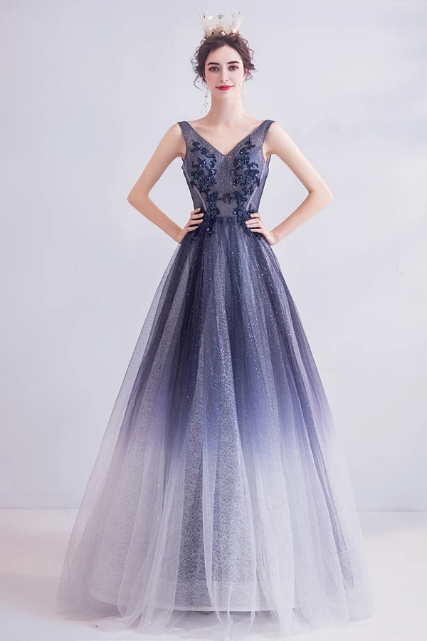 Charmant Bleu Marine Robe De Soirée 2020 Princesse V-Cou Glitter Perlage Paillettes En Dentelle Fleur Sans Manches Dos Nu Longue Robe De Ceremonie