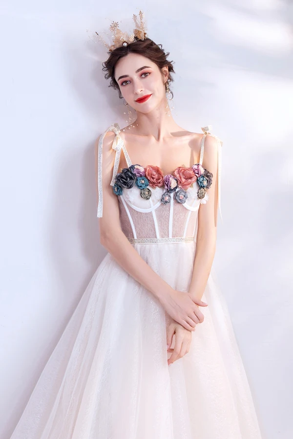 Flower Fairy Ivory Prom Dresses 2020 A-Line / Princess Spaghetti Straps Appliques Sleeveless Backless Sweep Train Formal Dresses