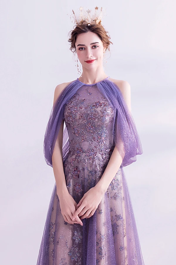 Charmant Lavande Robe De Soirée 2020 Princesse Encolure Dégagée Glitter Perlage Paillettes Cristal Sans Manches Dos Nu Longue Robe De Ceremonie