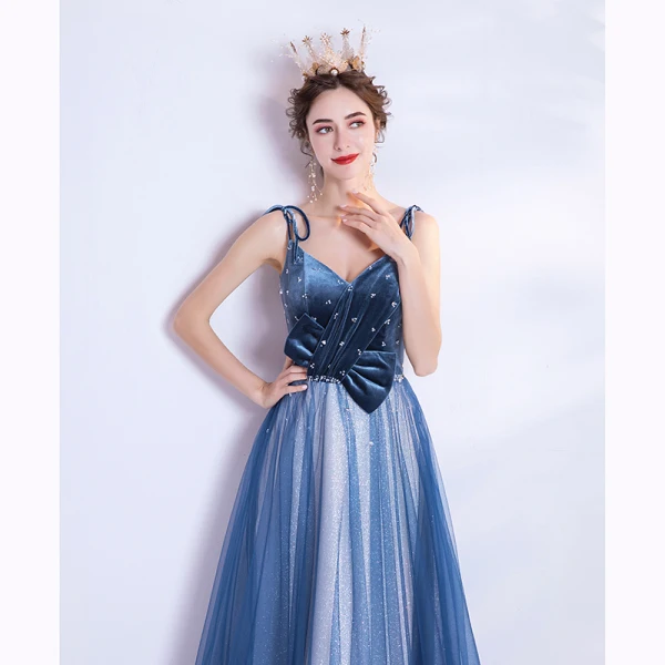 Chic / Belle Océan Bleu Robe De Soirée 2020 Princesse Bretelles Spaghetti Glitter Perlage Daim Sans Manches Dos Nu Longue Robe De Ceremonie