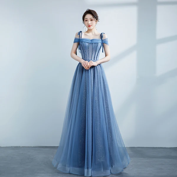 Chic / Belle Bleu Ciel Robe De Bal 2021 Princesse Bretelles Spaghetti Perlage Noeud Sans Manches Dos Nu Longue Robe De Ceremonie