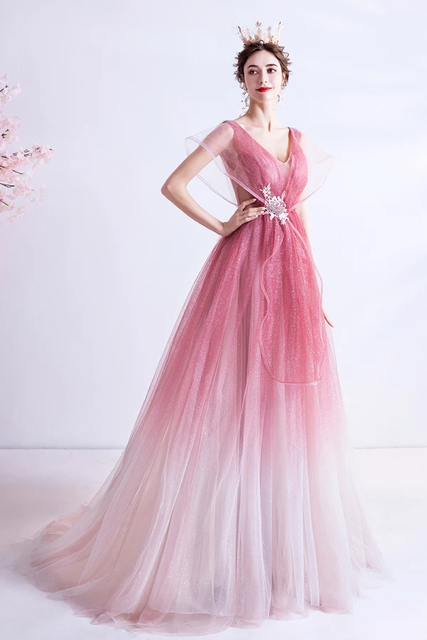 Fashion Candy Pink Gradient-Color Evening Dresses  2020 A-Line / Princess V-Neck Glitter Rhinestone Lace Flower Sleeveless Backless Sweep Train Formal Dresses