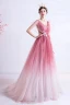 Fashion Candy Pink Gradient-Color Evening Dresses  2020 A-Line / Princess V-Neck Glitter Rhinestone Lace Flower Sleeveless Backless Sweep Train Formal Dresses