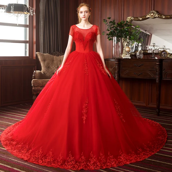 Charmant Rouge Robe De Mariée 2020 Robe Boule Encolure Dégagée Perlage Gland En Dentelle Fleur Sans Manches Dos Nu Royal Train
