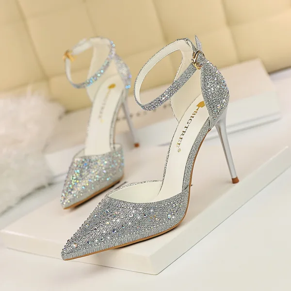 Charmant Rougissant Rose Soirée Faux Diamant Chaussures Femmes 2020 Perlage Bride Cheville 10 cm Talons Aiguilles À Bout Pointu Talons