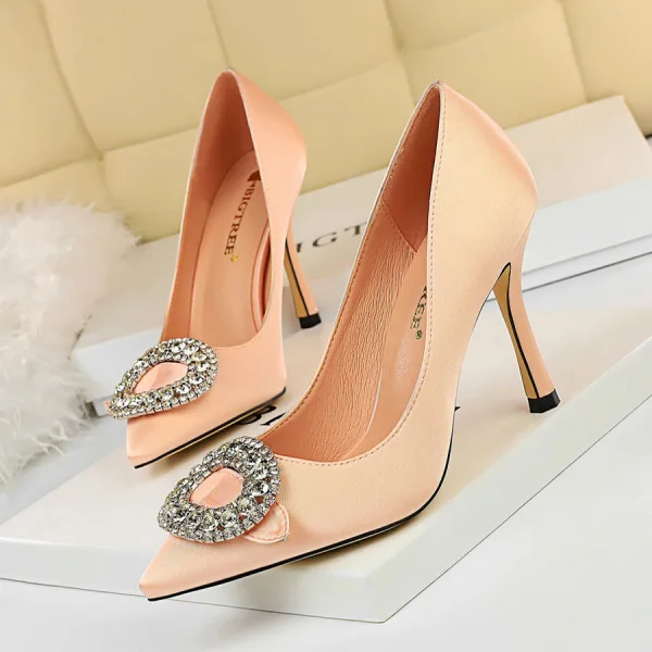 Elegant Black Satin Prom Pumps 2020 9 cm Stiletto Heels Pointed Toe Pumps Rhinestone