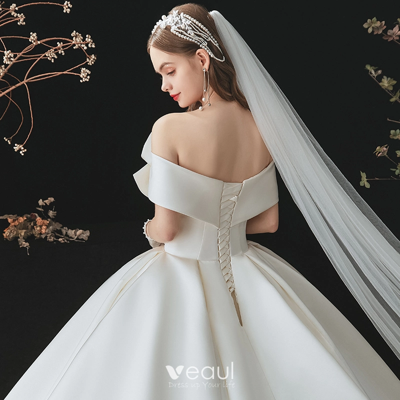 Elegant Off-the-Shoulder Ivory Satin Bridal Ball Dress - Xdressy