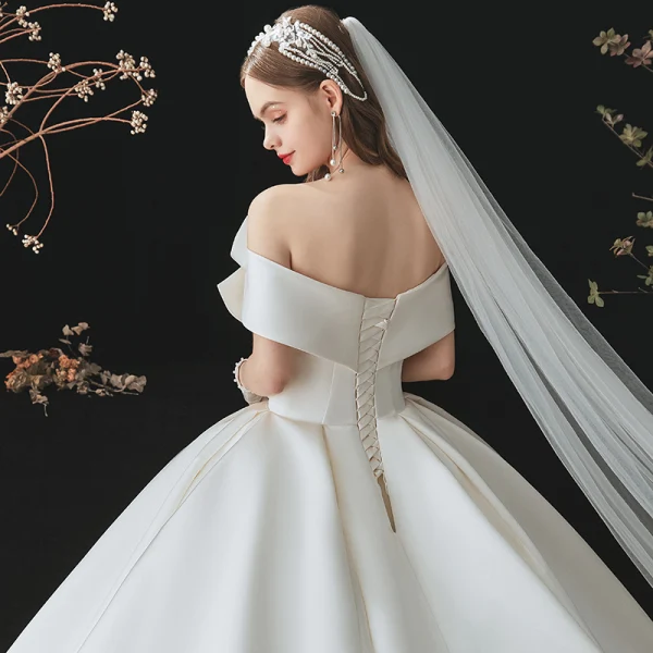 Modest / Simple Elegant Ivory Satin Wedding Dresses 2021 Ball Gown Off-The-Shoulder Bow Short Sleeve Backless Royal Train Wedding