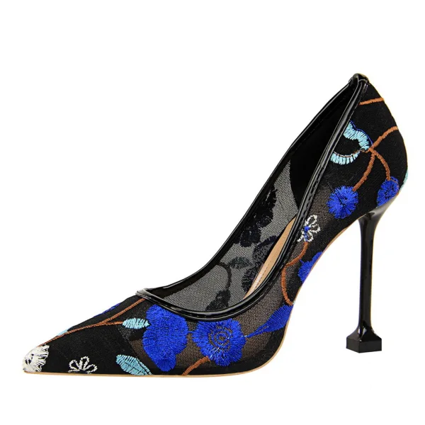 Modest / Simple Royal Blue Casual Tulle Pumps 2020 Lace See-through 10 cm Stiletto Heels Pointed Toe Pumps