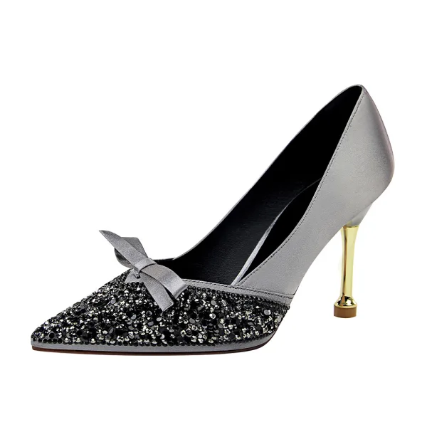 Mode Gris Soirée Escarpins 2020 Noeud Faux Diamant Paillettes 10 cm Talons Aiguilles À Bout Pointu Escarpins