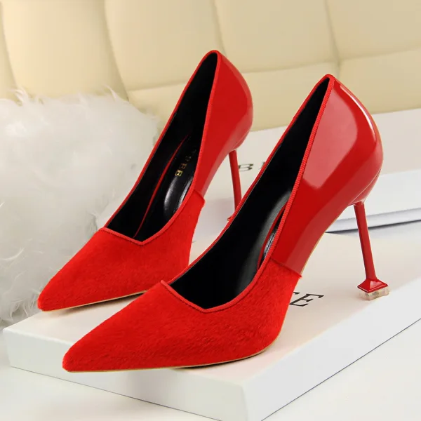 Affordable Burgundy Casual Pumps 2020 Suede 9 cm Stiletto Heels Pointed Toe Pumps