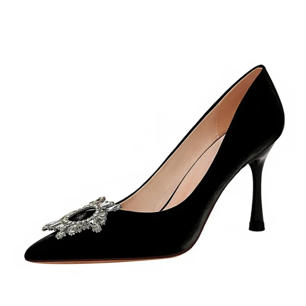 Abordable Noire Cocktail Faux Diamant Escarpins 2020 9 cm Talons Aiguilles À Bout Pointu Escarpins