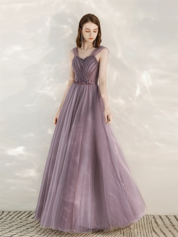 Classy Purple Prom Dresses 2020 A-Line / Princess V-Neck Rhinestone Sequins Sleeveless Backless Floor-Length / Long Formal Dresses