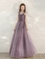 Classy Purple Prom Dresses 2020 A-Line / Princess V-Neck Rhinestone Sequins Sleeveless Backless Floor-Length / Long Formal Dresses