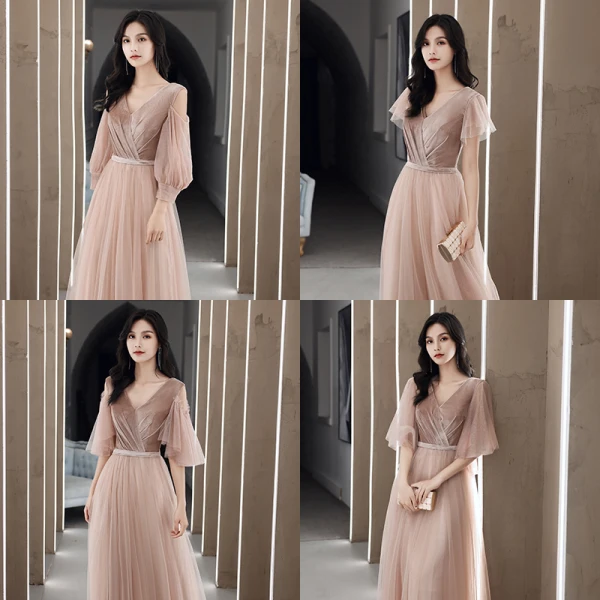 Simple Rougissant Rose Daim Robe Demoiselle D'honneur 2021 Princesse V-Cou Manches Courtes Dos Nu Longue Robe Pour Mariage