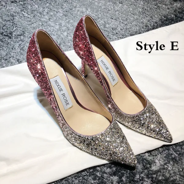 Scintillantes Doré Cuir Chaussure De Mariée 2020 Paillettes 9 cm Talons Aiguilles À Bout Pointu Escarpins