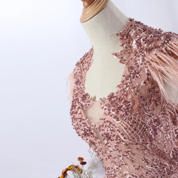 Luxury / Gorgeous Pearl Pink Evening Dresses 2020 A-Line / Princess U-Neck Tassel Handmade Beading Rhinestone Lace Flower Sleeveless Sweep Train Formal Dresses