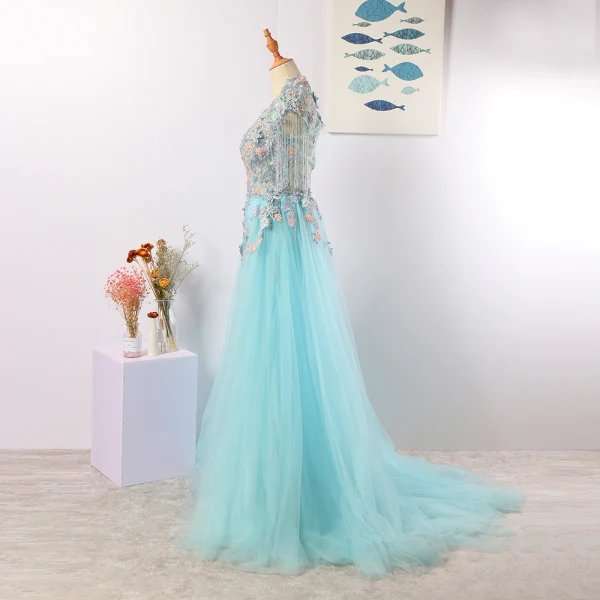 Charming Mint Green Evening Dresses 2020 A-Line / Princess U-Neck Handmade Beading Tassel Crystal Rhinestone Lace Flower Sleeveless Floor-Length / Long Formal Dresses