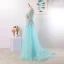 Charming Mint Green Evening Dresses  2020 A-Line / Princess U-Neck Handmade  Beading Tassel Crystal Rhinestone Lace Flower Sleeveless Floor-Length / Long Formal Dresses