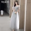 Modest / Simple Grey Bridesmaid Dresses 2021 A-Line / Princess Scoop Neck Beading Pearl Lace Flower Short Sleeve Backless Floor-Length / Long Wedding Party Dresses
